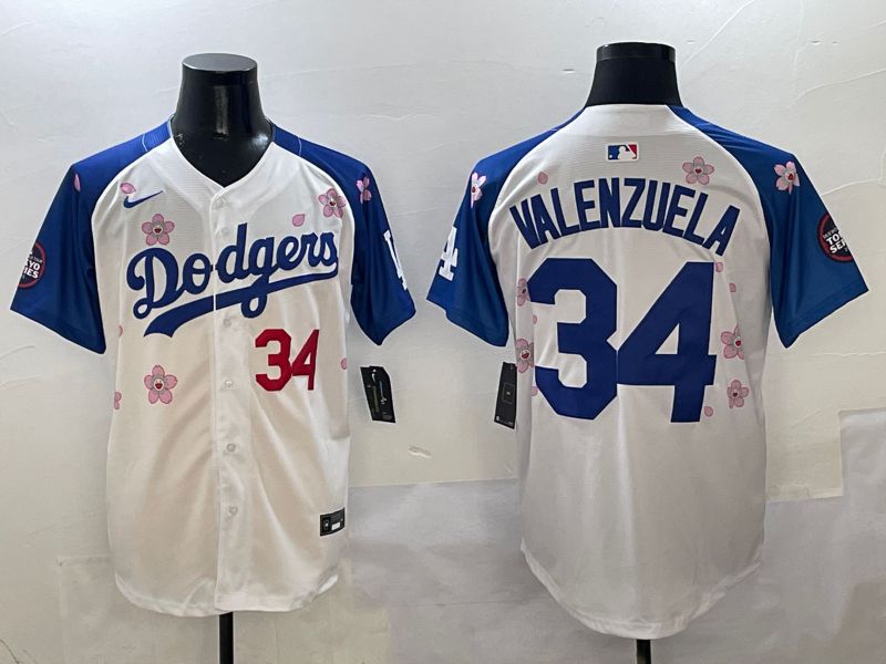 Men Los Angeles Dodgers #34 Valenzuela White Blue Sakura Edition 2025 Nike MLB Jersey style 4
